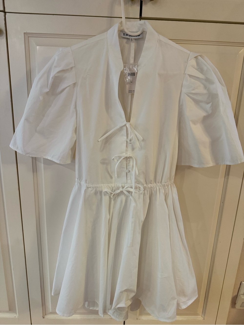 NWT Anthropologie En Saison White Puff Sleeve Tie-Front Mini Dress - Size M